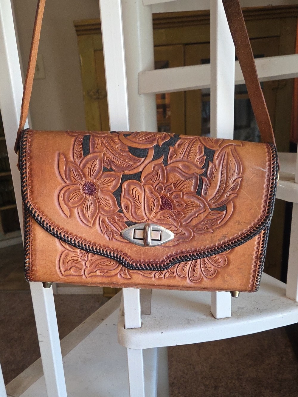 Vintage Hand-Tooled Floral Leather Crossbody Bag - Tan